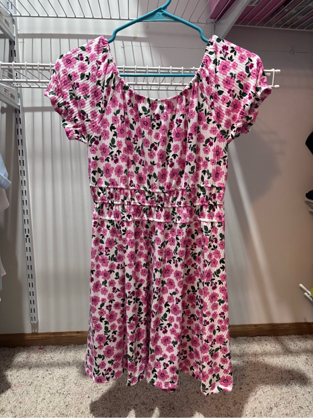 Girls' Pink Floral Smocked Waist Casual Dress